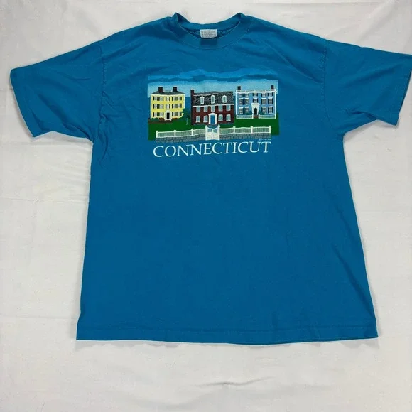 Connecticut Vintage 90s Single Stitch Graphic T-Shirt XL Blue Hanes Beefy-T - Picture 1 of 8
